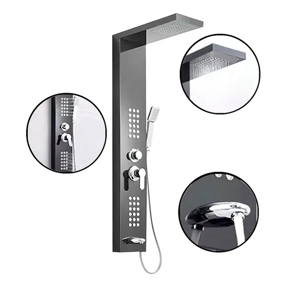Regadera Panel de Ducha De Acero Inoxidable Solana Modelo Roma / Coluna de Baño De Lujo Color Negro Con Regadera de Telefono y Salida De Agua Modo Lluvia y Rociador Lateral / Regadera Monomando