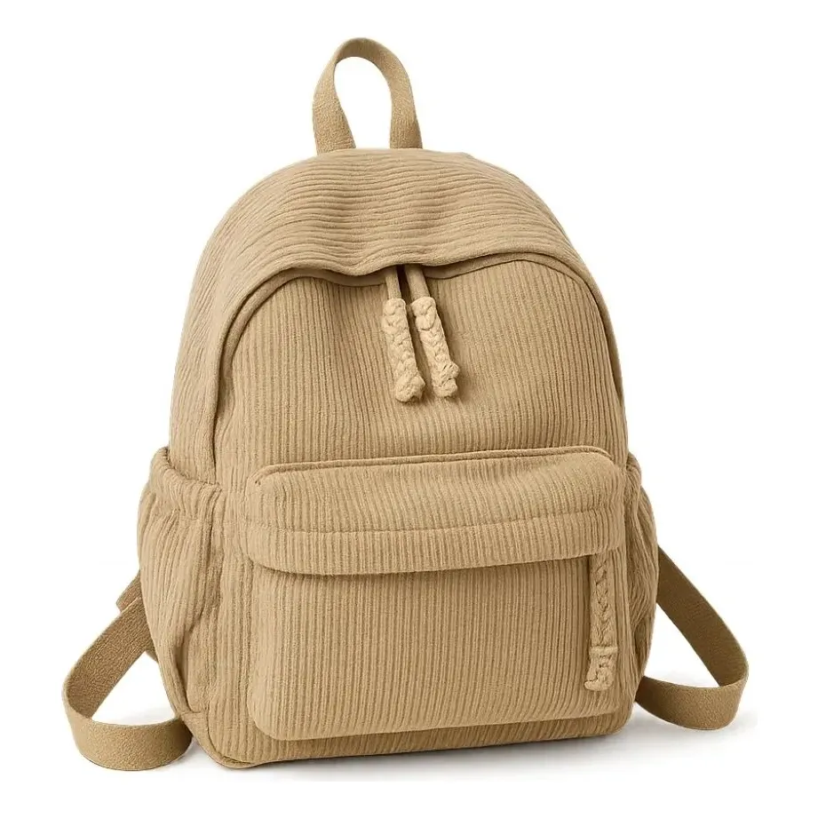 Mochila Unissex Veludo Cotelê Casual Escola Trabalho Top Cor Cáqui Desenho Do Tecido Liso