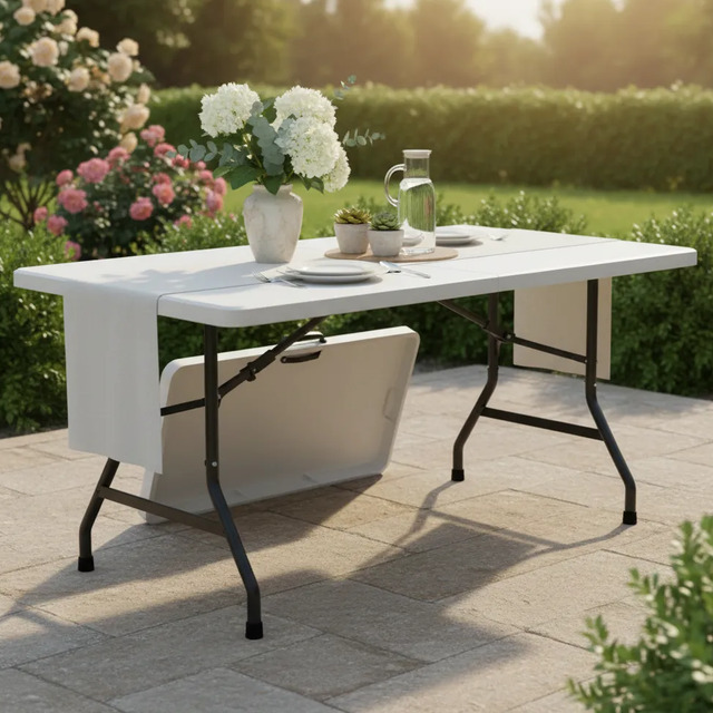 Mesa dobrável branca de 1.80m montada em um pátio, com uma parte dobrada em formato de maleta abaixo do tampo, decorada com um vaso de flores e uma jarra de água.
