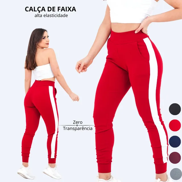 Calça Feminina Jogger Listrada Crepe Slim Fit Academia