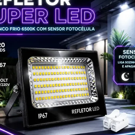 Refletor Led 500w Branco Frio 6500k Com Sensor Fotocélula Ip67 À Prova D'água Para Galpões Quadras E Áreas Externas
