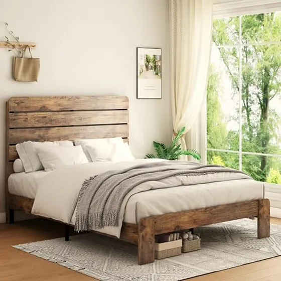 Cama Queen De Madera Rústica Con Cabecera, Resistente Y Sile