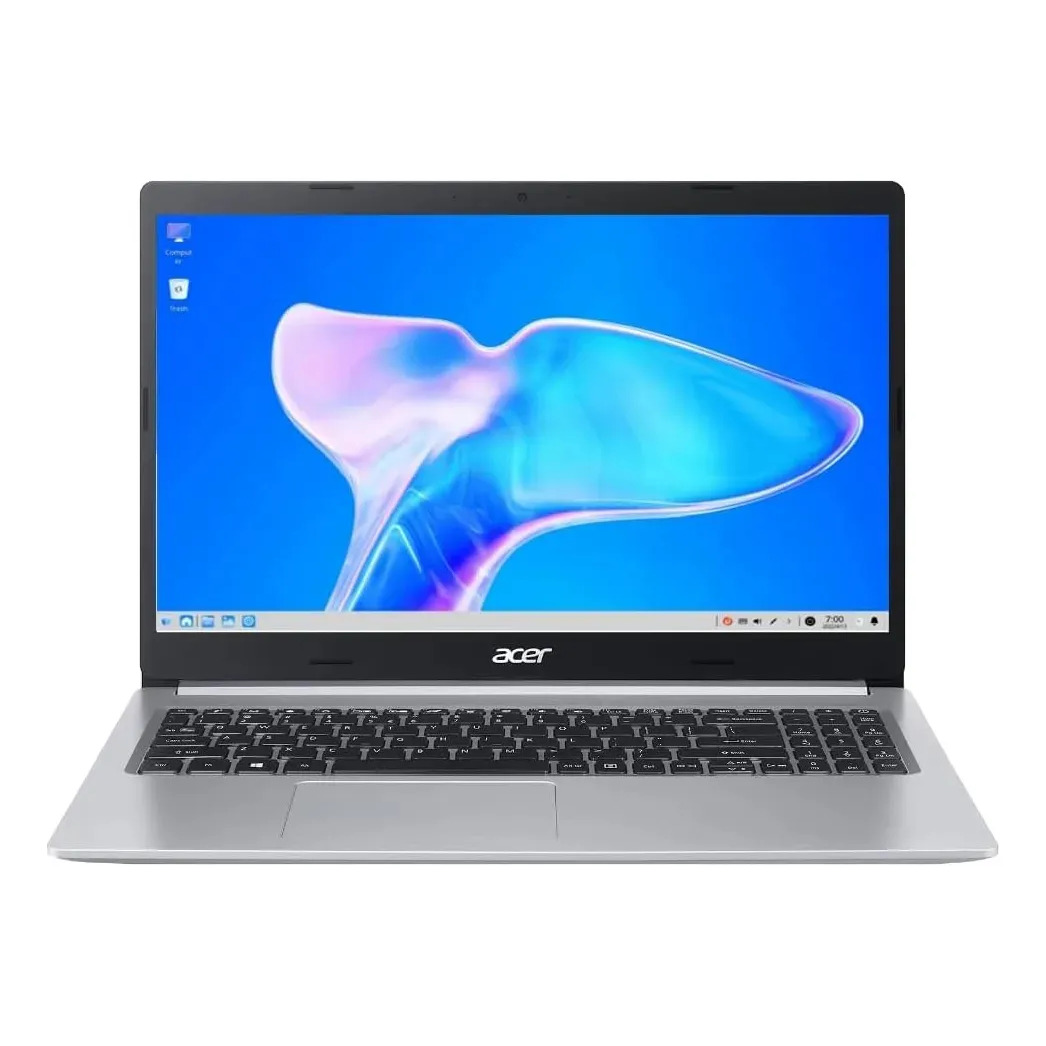 Notebook Acer Aspire 5 na cor prata, exibindo a tela ligada com papel de parede azul e teclado padrão com layout numérico.