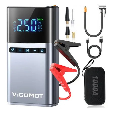 Vigomot Auxiliar Partida Bateria Veicular Portátil Com Compressor Ar Emergência, Inflação Rápida 150psi, Power Bank 10000mah, Com Bolsa De Transporte