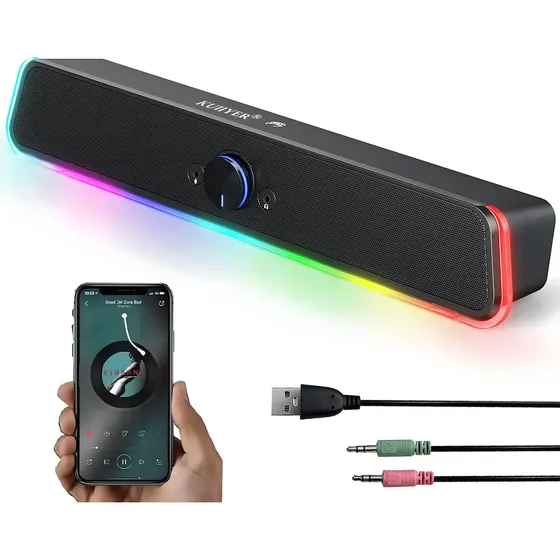 Kuiiyer Bocina Bluetooth Computadora Para Pc Altavoz Inalámbrico Con Rgb Luz Led Soporte 3.5 Mm Aux Tf Usb Para Interior Hogar Y Fiesta Color Negro