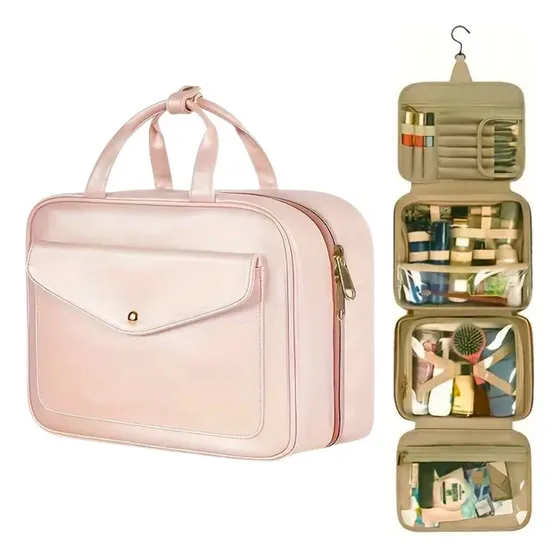 Neceser Mujer De Viaje Aseo Cosmetiquero Bolso Impermeable Color Rosa claro Diseño de la tela Liso