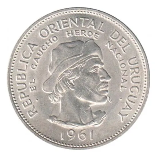 Moneda Uruguay 10 Pesos 1961 Km 43 Gaucho Plata 900 Impec Kj