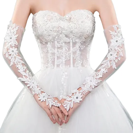 Guantes De Boda Largos De Encaje Para Novia Sin Dedos Blanco