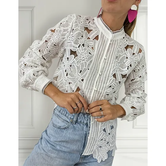 Camisa Importada Bordada Guipur Cuello Mao Flores