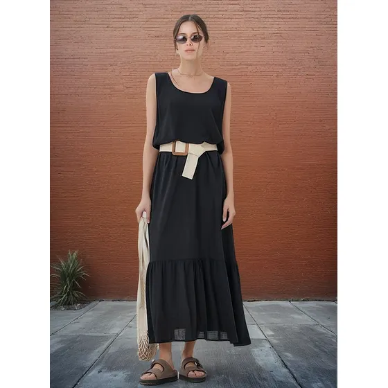 Vestido Riviera Lino Con Volados Abajo Camel & Black 9610