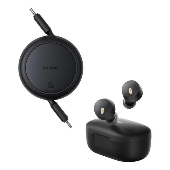 Baseus Kit Audifonos Inalámbricos Bluetooth 5.3 Bowie E18 + Cable Retractil 1 Metro Tipo C A Tipo C-tipo C 60w Color Negro Carga Rápida Practico Compatible Android Y Apple Seguridad Y Rapidez