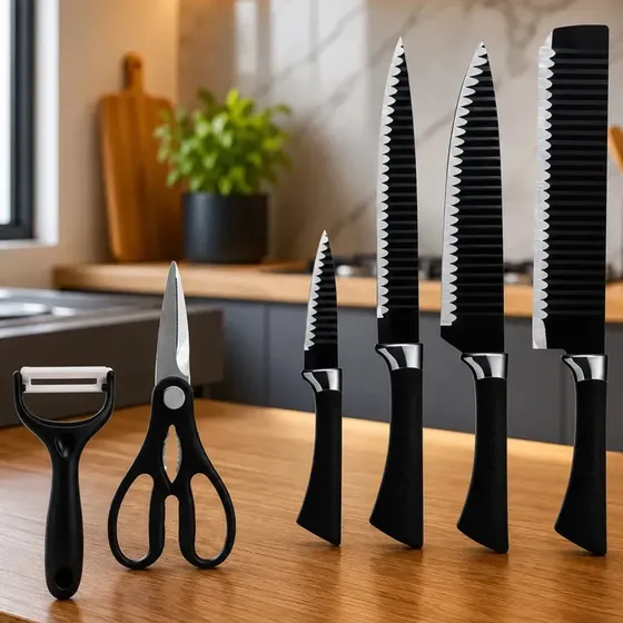 Kit 6 Facas Conjunto Para Cozinha Churrasco Faqueiro Premium Preto
