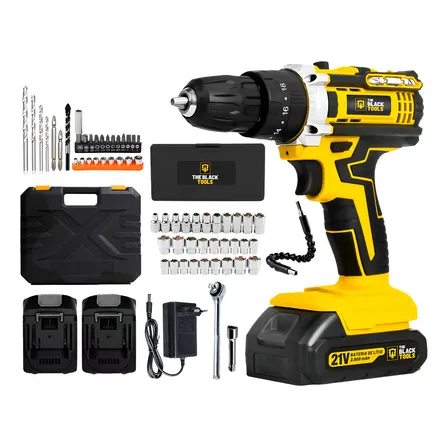 Parafusadeira Furadeira De Impacto A Bateria 21v Biv 3/8 10mm E Acessórios + Jogo De Soquetes 40 Peças The Black Tools