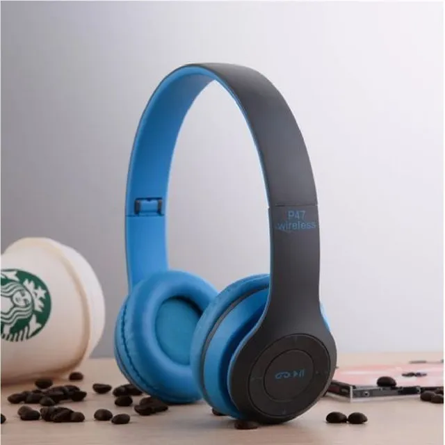 Auriculares Bluetooth plegables P47, tarjeta micro SD, P2, MP3, Aux FM, color azul