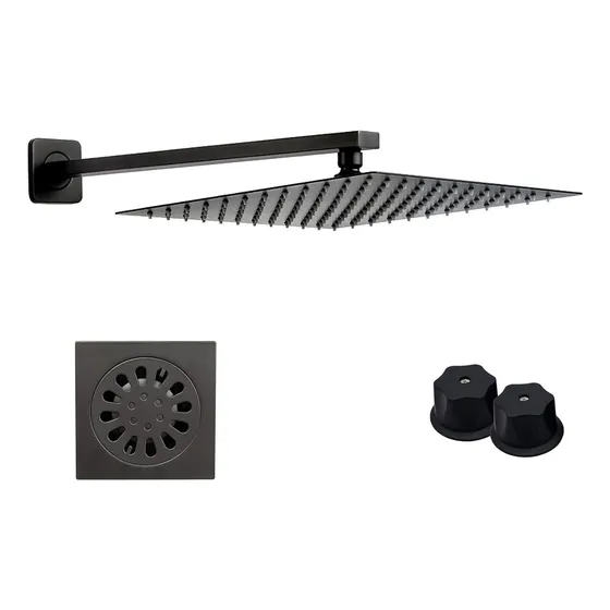 Regadera 30x30 Acero Inox+brazo 40cm+kit De Manerales Negros Acabado Brillante Color Negro