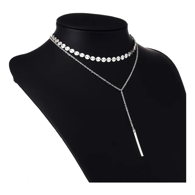 Collar Gargantilla Doble Capa Multi Monedas + Cadena Lisa