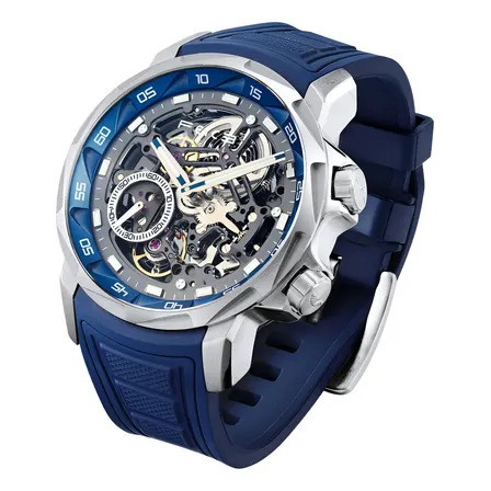Relógio masculino Feice Automatic Skeleton 5atm, silicone, safira, azul, azul