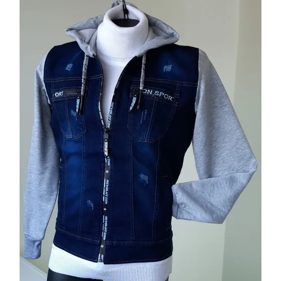 Chaqueta D Jean  Hombre Con Capota Y Mangas Grises