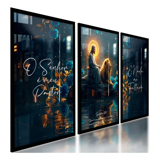 Quadros Com Salmo 23 Jesus Leão De Judá Azul Flores 122x60