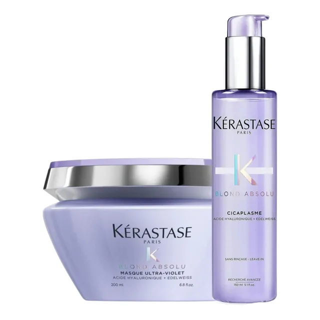 Kit Tratamiento Matizador Para Cabello Rubio Mascarilla Ultra Violet y Termoprotector Cicaplasme Kerastase Blond Absolu