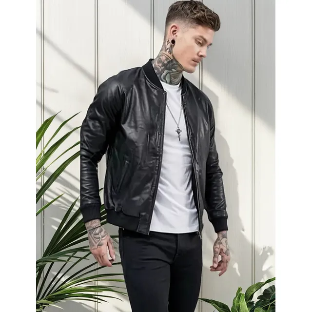 Chaqueta Cazadora Bomber Chamarra Slim Fit Cuero Faux Abrigo