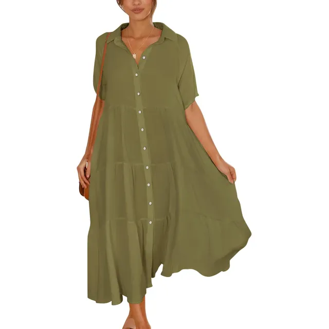 Paintcolors Vestido Largo Casual Manga Corta Boton Para Maxi