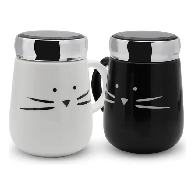 2 Mug Taza Cerami Gato Kool Kat Koo Gatitos Blanco Y Negro 