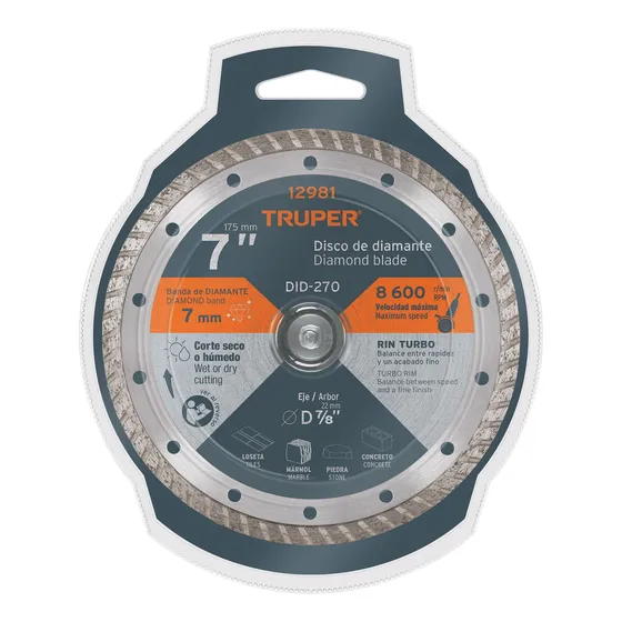 Disco Diamante Turbo 7'' Cortar Concreto Piedra Truper 12981