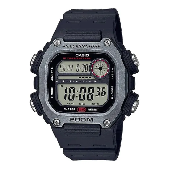 Reloj pulsera digital Casio DW-291 con correa de resina color negro - fondo gris - bisel plateado