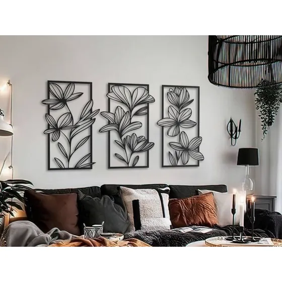  3 Cuadros - Arte De Pared De Flores - Calado Mdf - 40x25cm