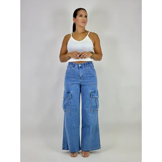 Jean Wide Leg Azul Cargo Recto Dama Lou Jeans