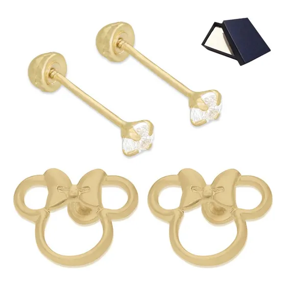 Aretes Broqueles Oro 10k Raton Moño Mujer Bebe Niña 2 Pares Dos Pares Broqueles Piercing Perforación Mujer Dama Niña Broquel Basicos Bebe Niña Mujer Aretes Oro 10k Oro Puro 10k