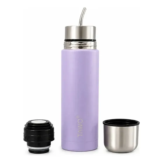 Termo Mate Autocebante TAWO 2 en 1 de Acero Inoxidable 750 mL Morado con Bombilla y Tapón Cebador