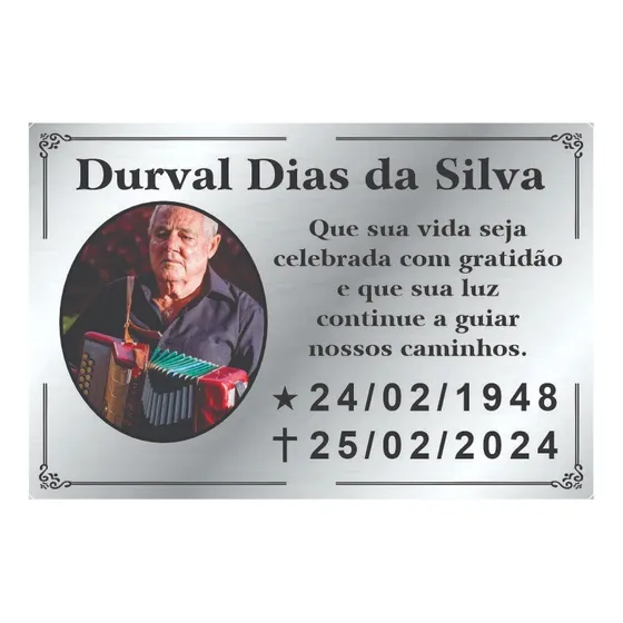 Placa Túmulo Lápide Com Foto Colorida Em Alumínio 26x17cm