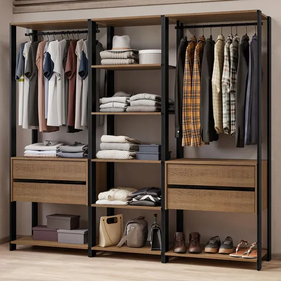 Guarda-roupa Closet Modulado Valencia 199cm Madesa Rp 02 Cor Rustic/Preto MDDR0300027K