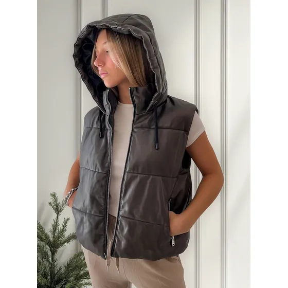 Chaleco Puffer Ecocuero Mujer Capucha Abrigado Importado.