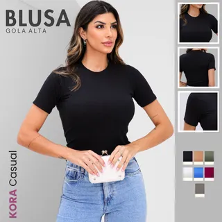 Blusa Camiseta Feminina Gola Alta Canelada Com Manga M Ao Gg Blusa Camiseta Feminina Gola Alta Canelada Com Manga M Ao Gg