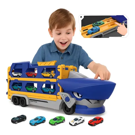 Pista Tubarão Caminhão e 6 Carrinhos de 1:64 mts Brinquedo Infantil - MENINO