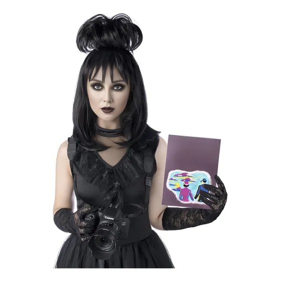 Peluca De Cosplay Mupul Negra Con Moño Para Disfraz De Hallo