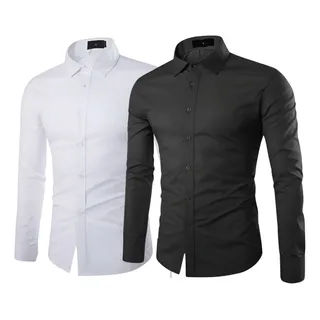 Kit 2 Camisa Social Manga Longa Slim Masculina Lisa Plus Kit 2 Camisa Social Manga Longa Slim Masculina Lisa Plus