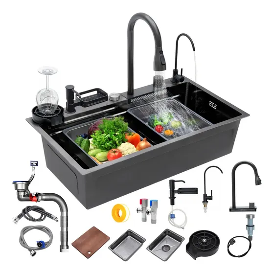 Fregadero De Acero Inoxidable Negro 80X45X22Cm: Tarja Para Cocina Con Diseño Cascada, Tipo Empotrar Y Kit Con Organizador