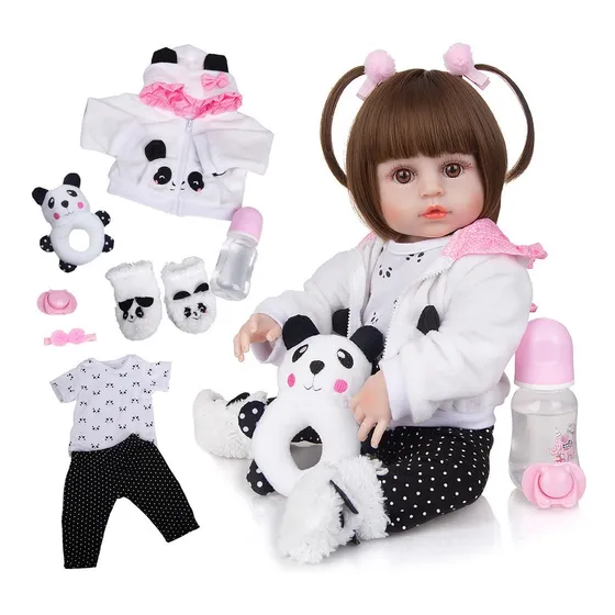 Brastoy Boneca Bebê Reborn Silicone Menina Pandinha Olhos Castanhos