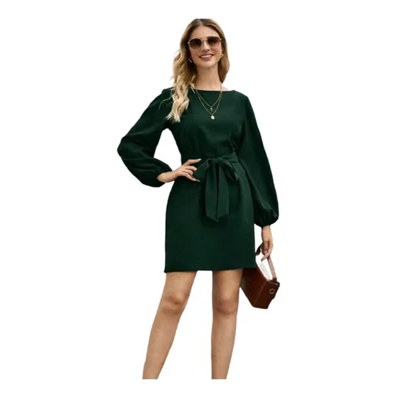 Vestido Tunico Con Cinturon De Manga De Farol Shein