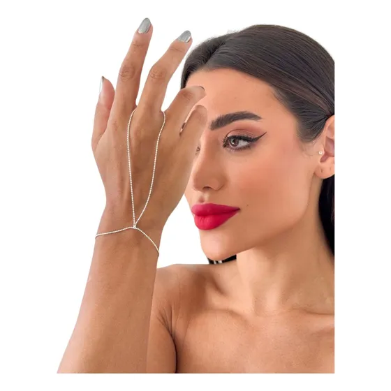 Pulseira Feminina D Mão Com Anel Hand Chain Folheada A Prata