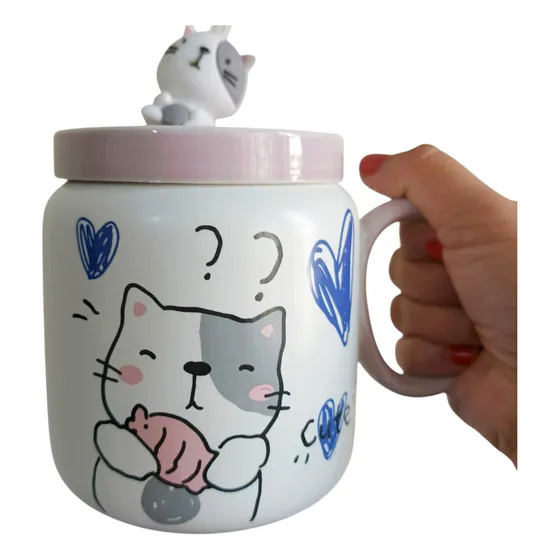 Mug Pocillo Animalitos Pitillo Con Pin Conejo Gato Oso Panda