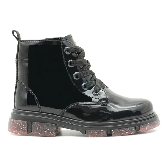 Bota Para Niña Charol Negro Suela Con Glitter Antiderrapante