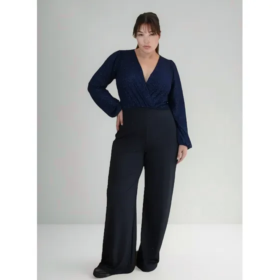 Mono Fiesta Noche Palazzo Manga Larga Lurex Negro Azul Negro Lisa Xl