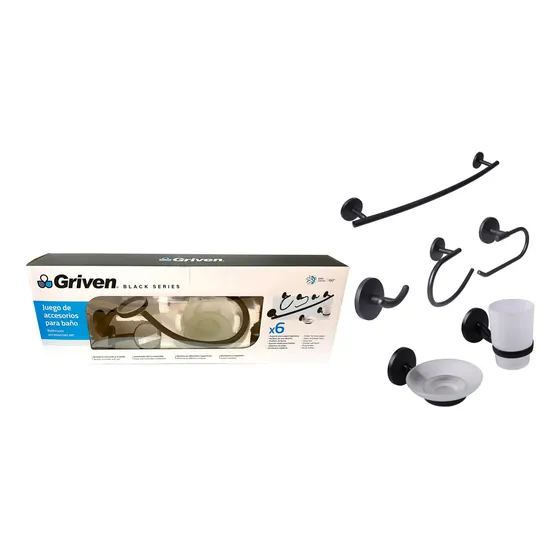 Set Accesorio De Baño 6pz Acerovidrio Negromate Griven Black