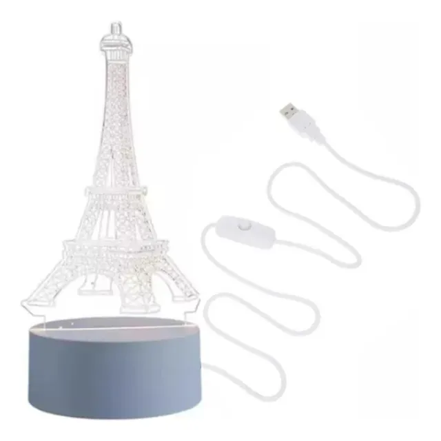 Luminaria Led 3d Abajur Torre Eifel Acrilico 3cores Usb Bivo