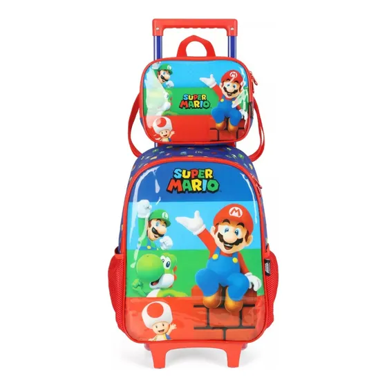 Kit Mochila De Rodinhas E Lancheira Escolar Infantil Super Mario Cor Azul E Vermelho Luxcel